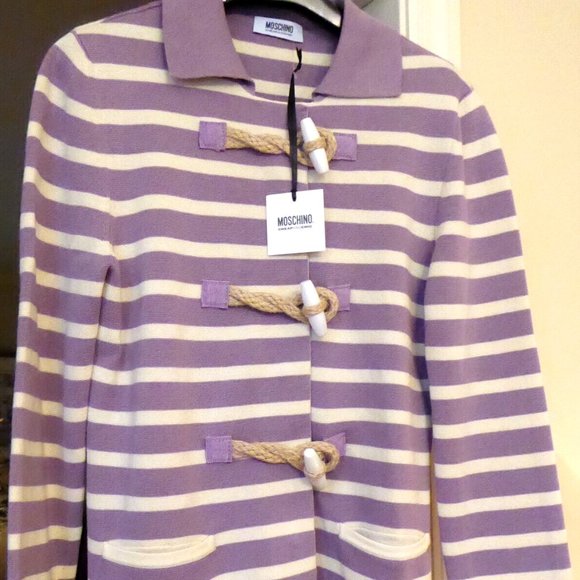 Moschino Cheap and Chic Ladies Lilac Cream Striped Knit Sweater Jacket USA SZ 10 - Picture 1 of 16